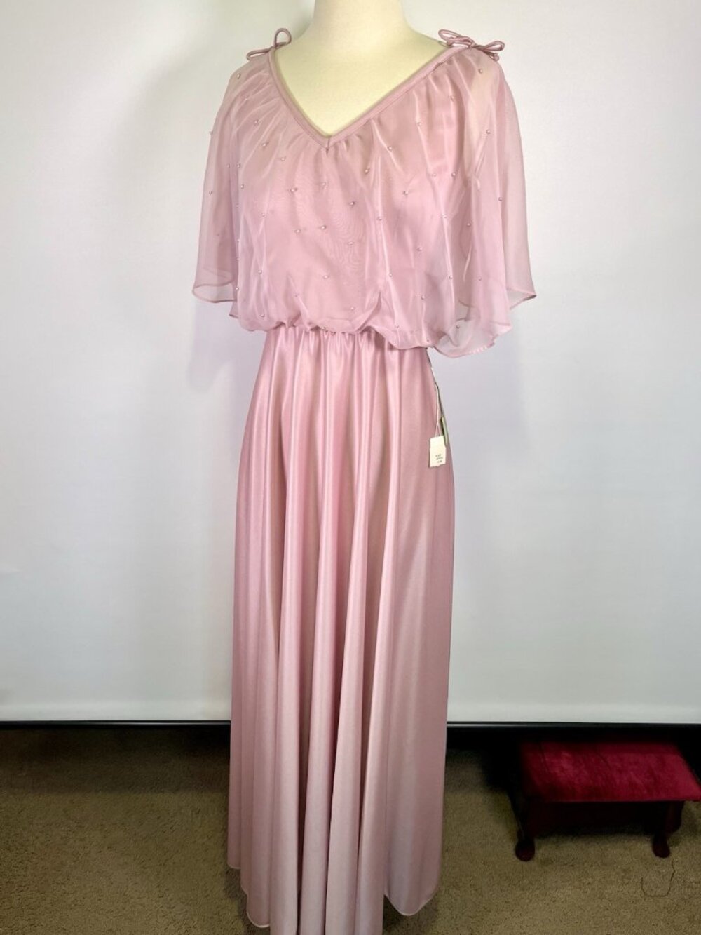 VTG 70s Pink Satin Chiffon Capelet Evening Maxi Hostess Dress Disco NEW Mon Ward